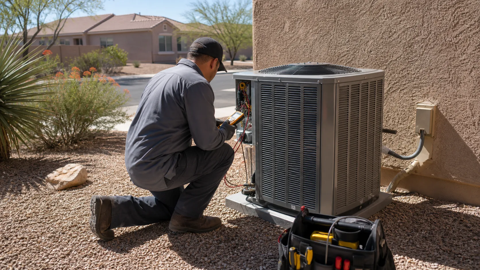 Technician inspecting residential air conditioning equipment in Arizona