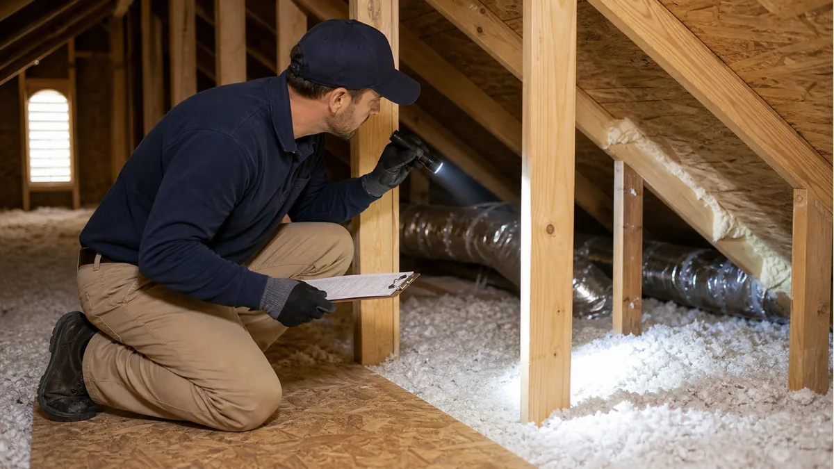 Technician inspecting attic insulation and air sealing conditions